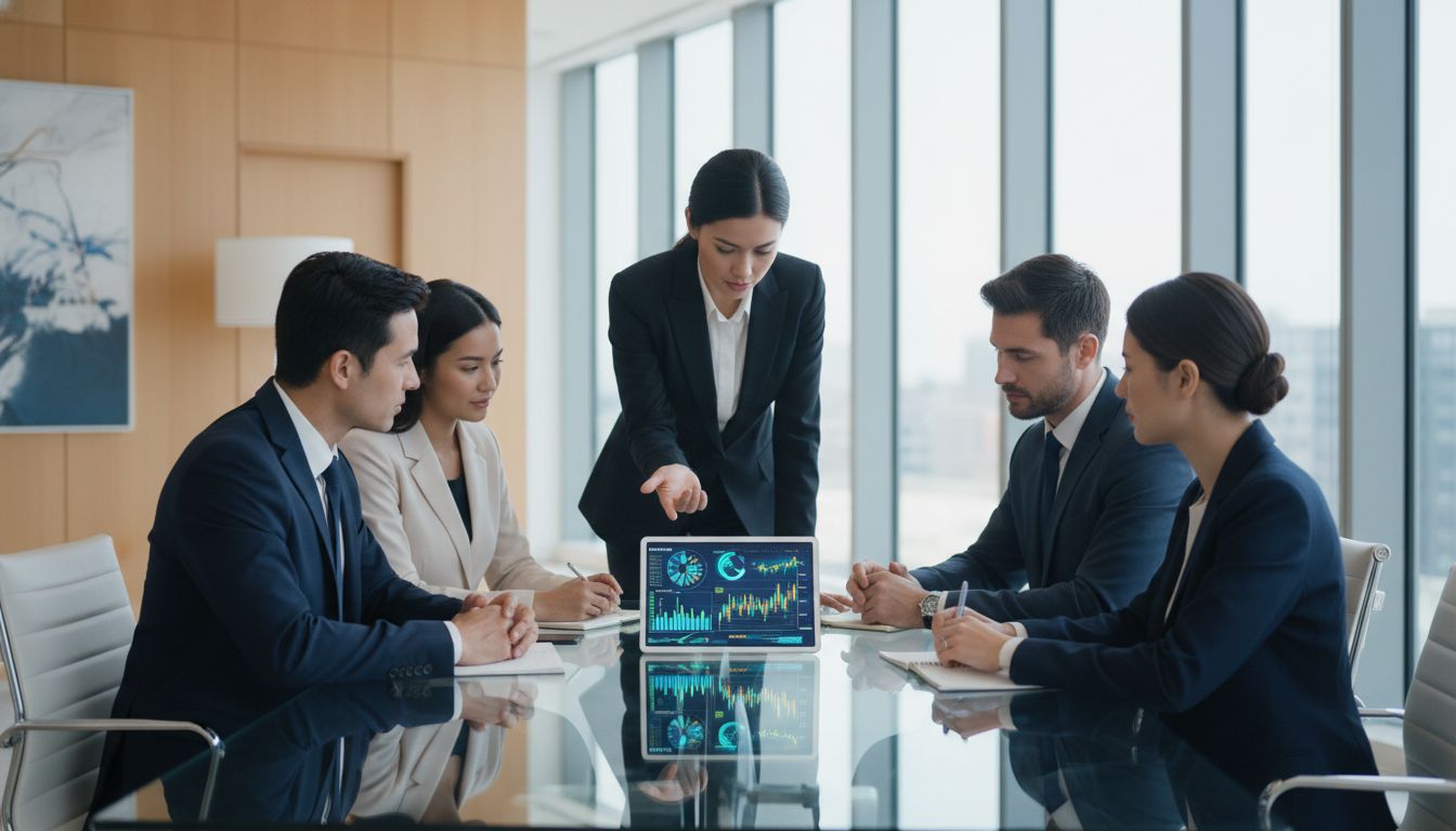 Professional team collaborating on financial strategy